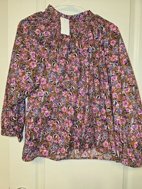 BRAND NEW Women's Floral Smocked Neck Blouse - Pink Brown Floral